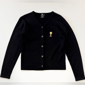 VTG 1996 Warner Bros Tweety Black S Wool Blend Cardigan Hong Kong Embroidered